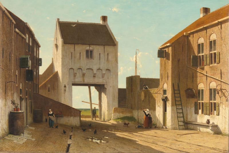Jan Weissenbruch’s painting of a sunlit street in Leerdam that ends at a white gatehouse, whose arch opens on green fields, between brick houses, with a few townspeople, chickens and a dog in the street.